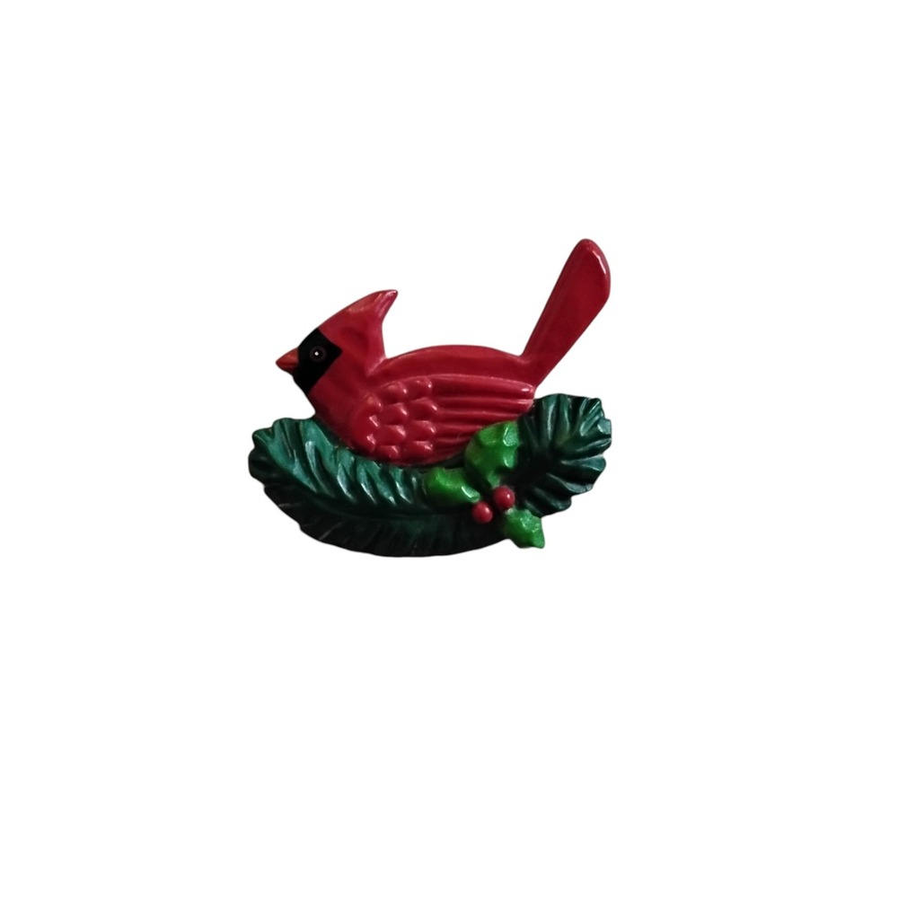Vintage Hallmark Red Cardinal Bird Pine Branch Holly Christmas Holiday Brooch